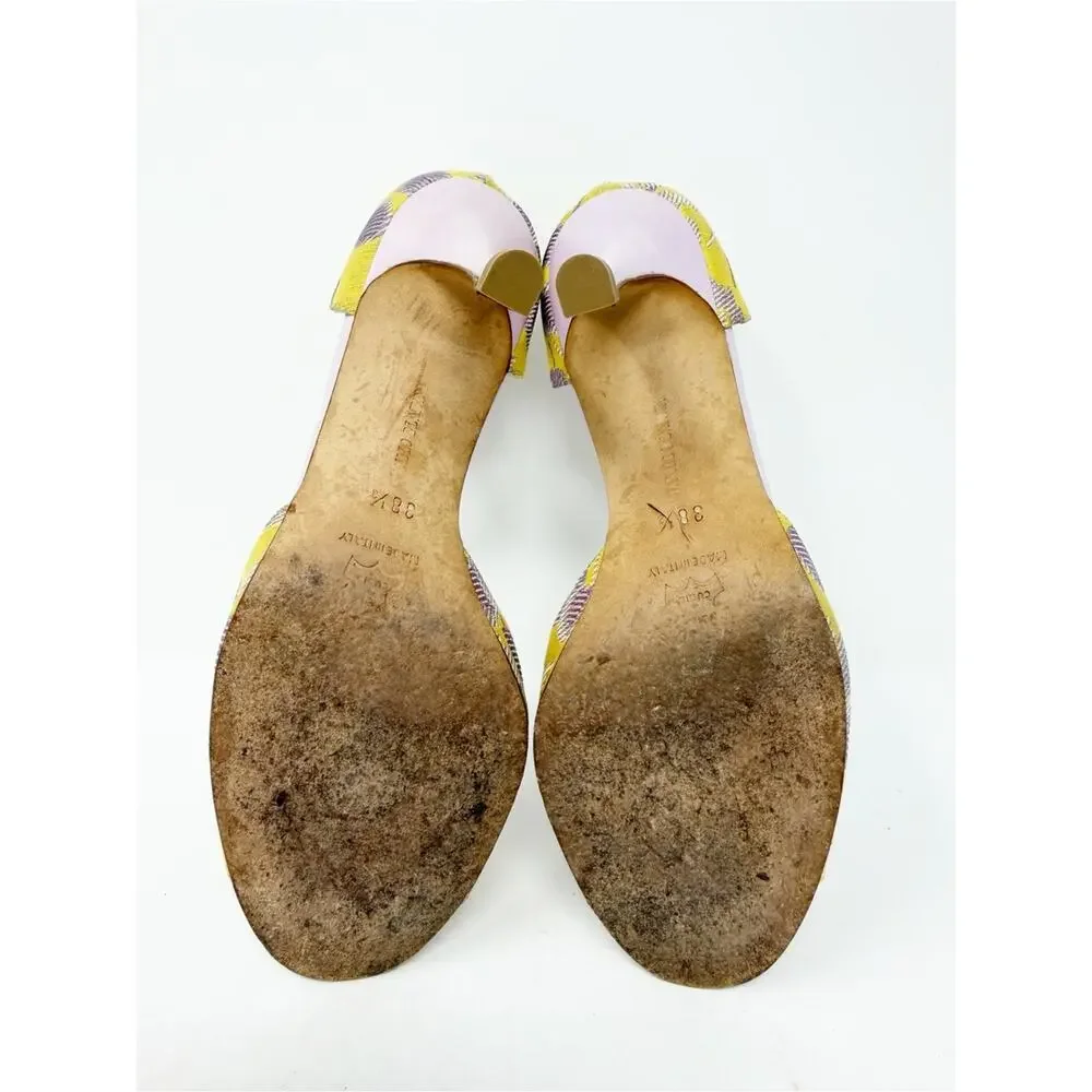 Manolo Blahnik D’Orsay Cherry Print Heels Yellow Lilac Womens Size EU 38.5